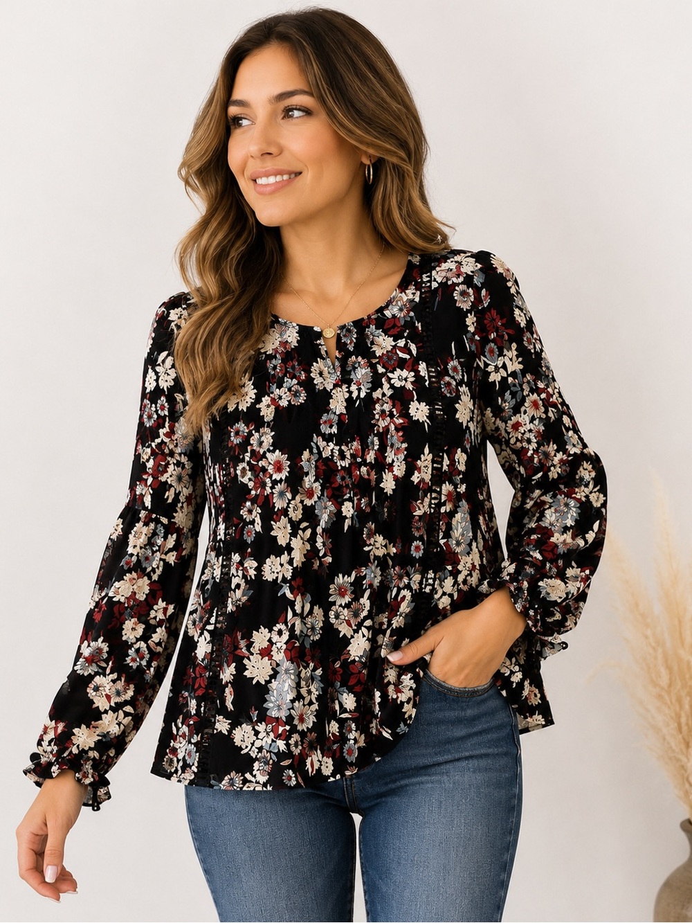 Cupcakes and Cashmere Black Floral Peplum Blouse | Size Small | Long Sleeve